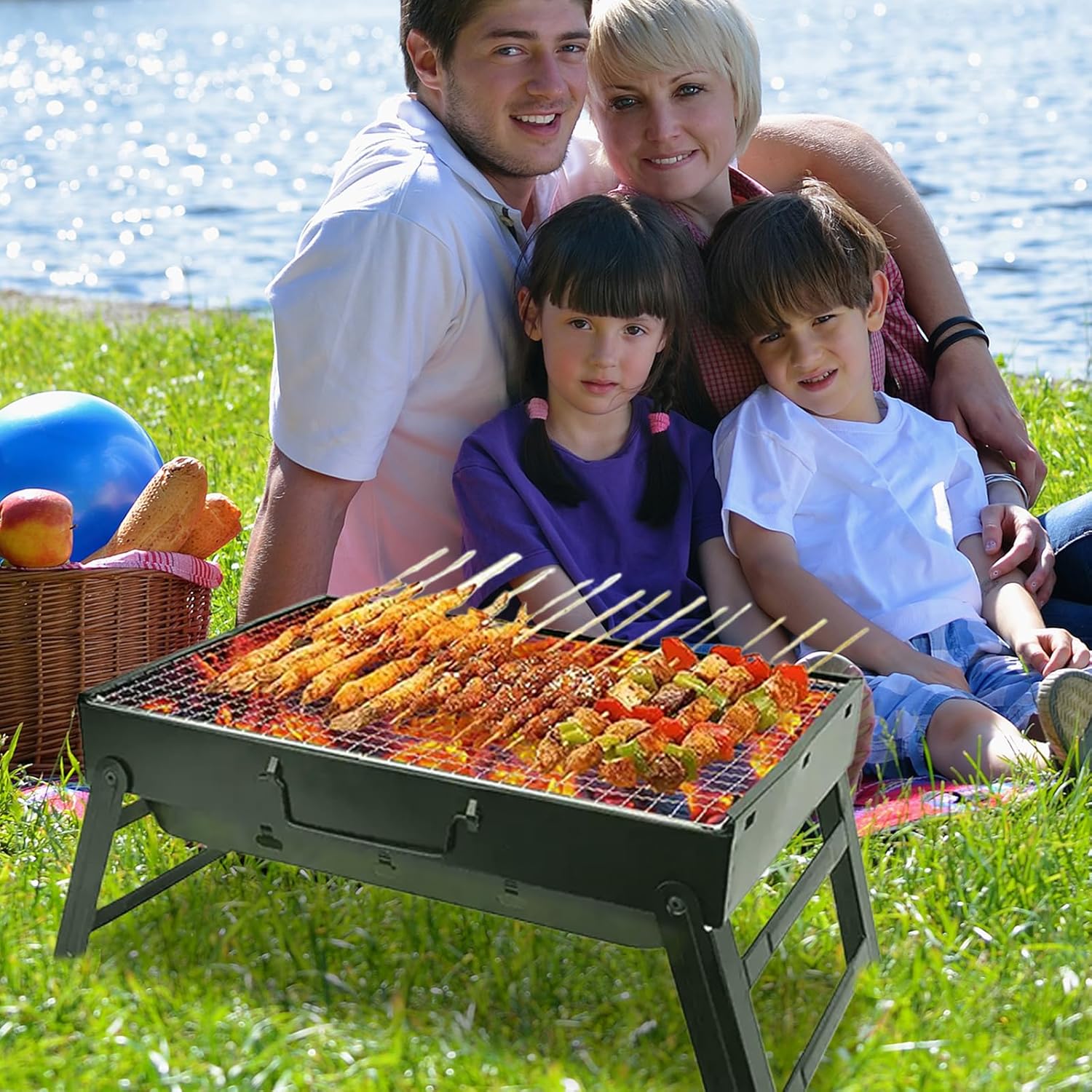 Portable Charcoal Grill for Camping Small Tabletop BBQ Grill for Picnic Trip Foldable Lightweight Barbeque Grill Set Including Tongs Skewers Basting Brush - 4