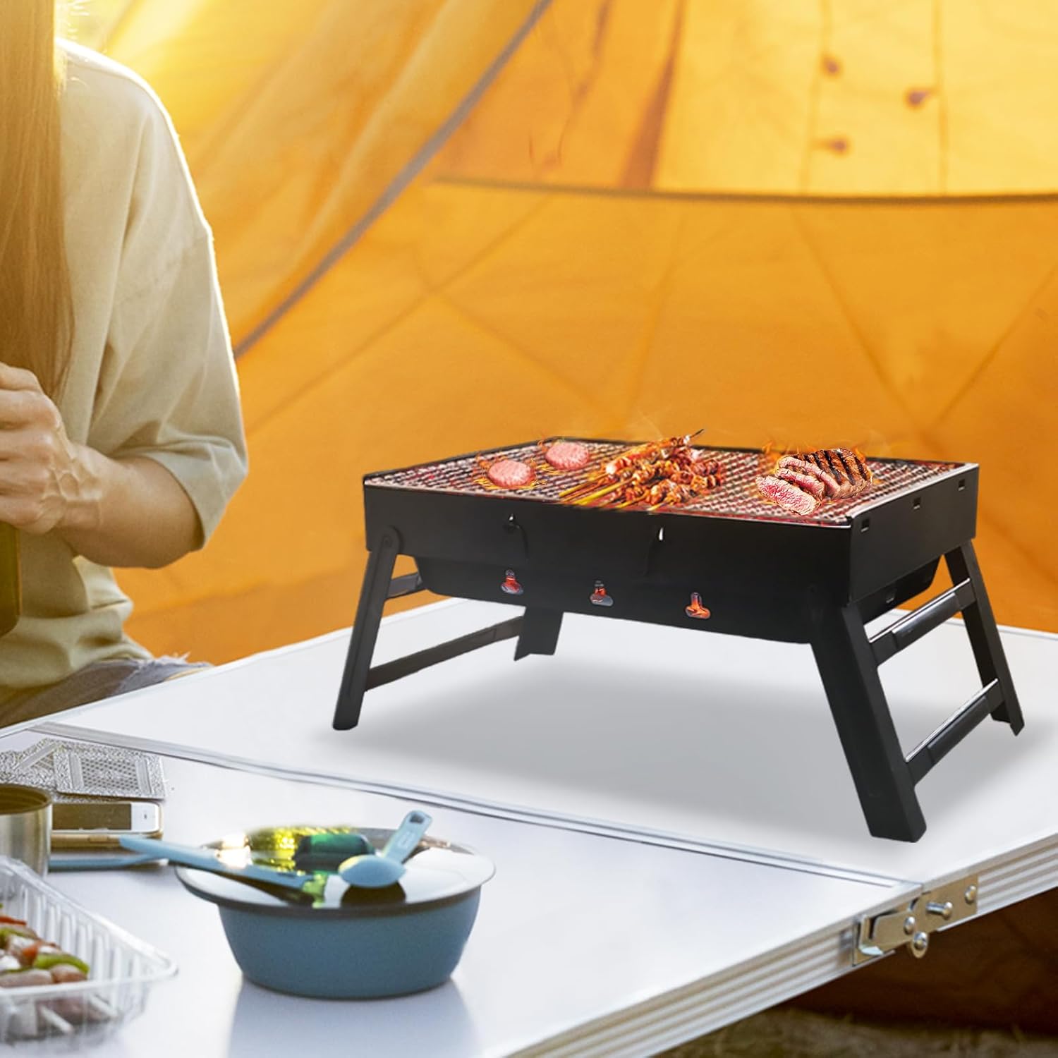Portable Charcoal Grill for Camping Small Tabletop BBQ Grill for Picnic Trip Foldable Lightweight Barbeque Grill Set Including Tongs Skewers Basting Brush - 5