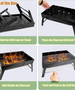 Portable Charcoal Grill for Camping Small Tabletop BBQ Grill for Picnic Trip Foldable Lightweight Barbeque Grill Set Including Tongs Skewers Basting Brush - 6