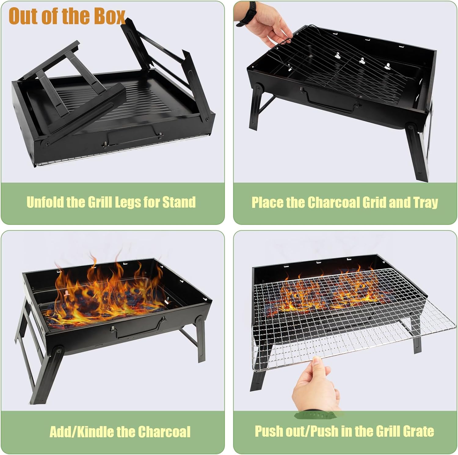 Portable Charcoal Grill for Camping Small Tabletop BBQ Grill for Picnic Trip Foldable Lightweight Barbeque Grill Set Including Tongs Skewers Basting Brush - 6
