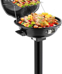 ROVSUN 1600W Vertical Electric Grill with Lid, Red 304 Stainless Steel Grill w-Detachable Pull-out Drip Tray, Double Layer Design, Portable & Removable, for Indoor and Outdoor Use (Black Vertical) - 1