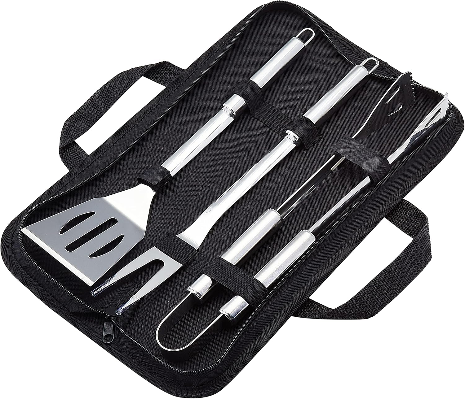 Amazon Basics 4-Piece Stainless Steel BBQ Grilling Tool Set with Carry Bag, Rust-Resistant, Dishwasher Safe - 1