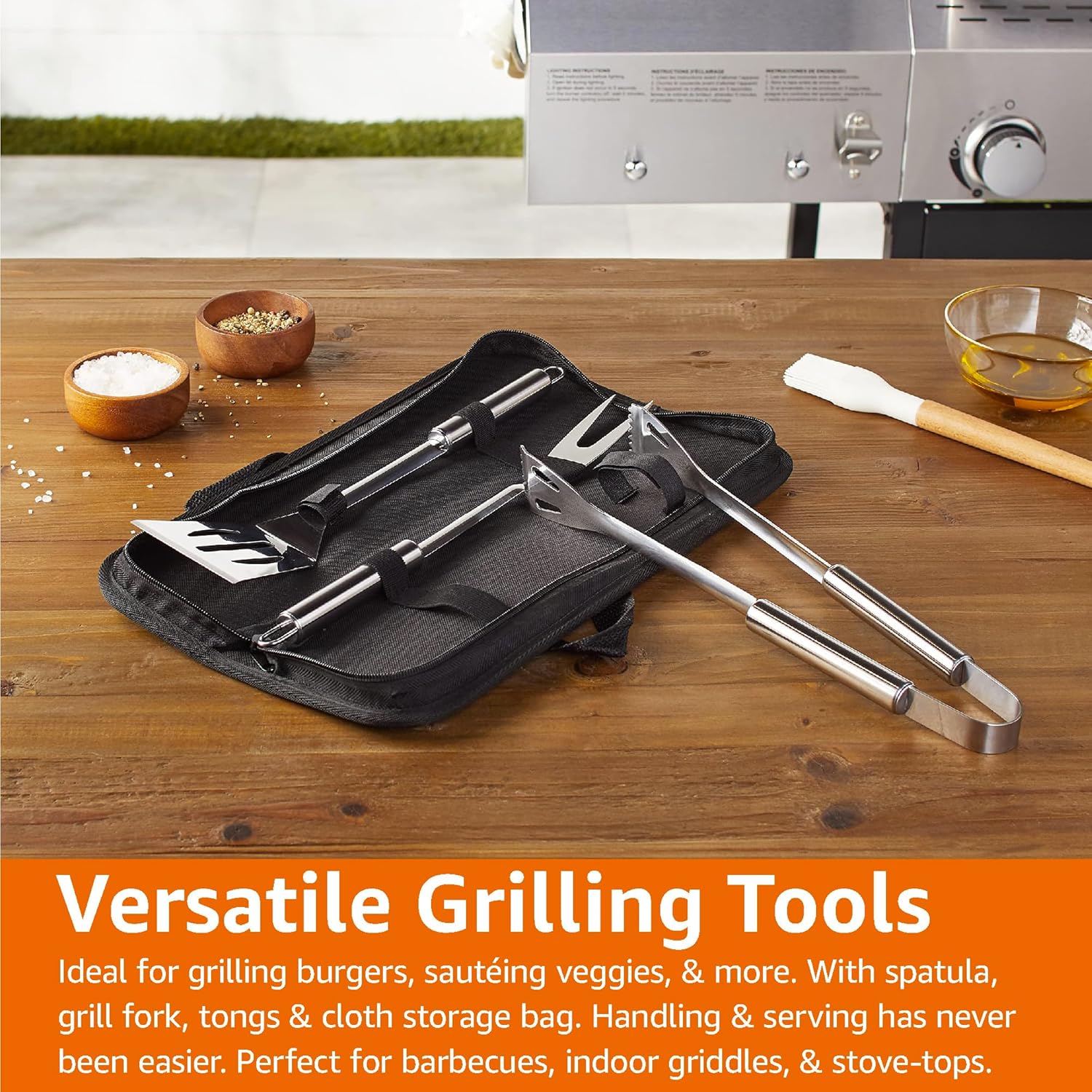 Amazon Basics 4-Piece Stainless Steel BBQ Grilling Tool Set with Carry Bag, Rust-Resistant, Dishwasher Safe - Image 2