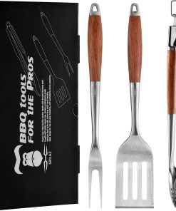 GRILAZ Heavy-Duty Rose Wooden BBQ Grilling Tools Set. Extra Thick Stainless Steel Multi-Function Spatula, Fork & Tongs - Essential Accessories for Barbecue & Grill - 1
