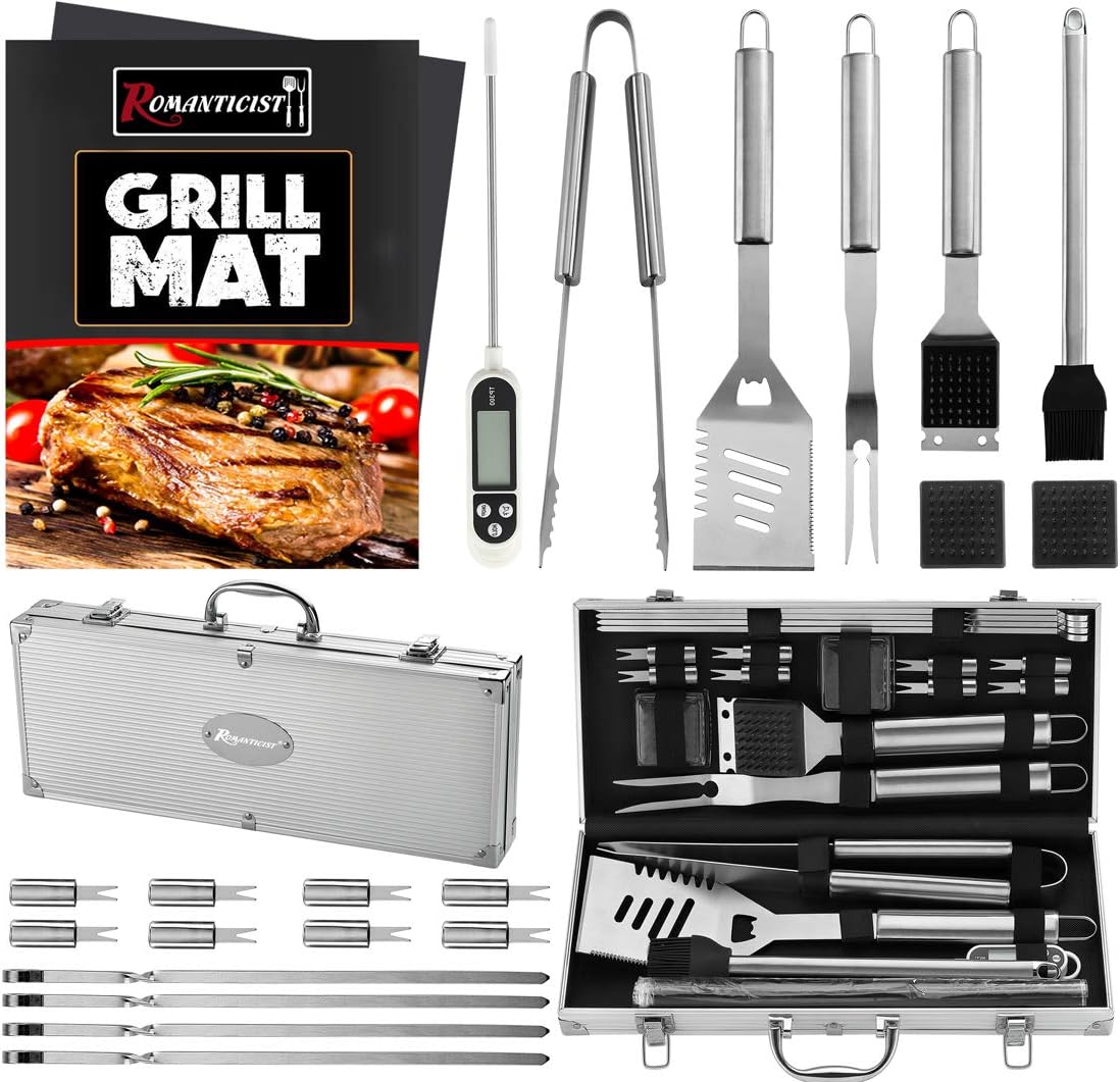 ROMANTICIST 23pcs Must-Have BBQ Grill Accessories Set with Thermometer in Case - Stainless Steel Barbecue Tool Set with 2 Grill Mats for Backyard Outdoor Camping - 1