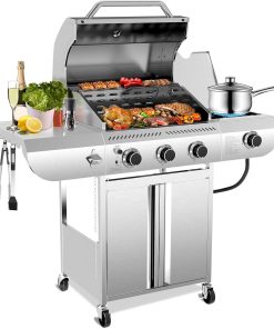 34,000 BTU 3-Burner Propane Gas Grill with Side Burner, All Stainless Steel BBQ Grill, Cast Iron Grates & Portable Cart with Wheels，Outdoor Barbecue Grill for Backyard, Patio, Camping - 1