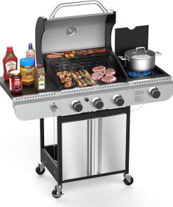 Electactic 3-Burner Propane Gas BBQ Grill with Side Burner,Stainless Steel Grill with Porcelain-Enameled Grates,34000 BTU Barbecue Grill, Suitable for Outdoor Cooking,Camping,Patio Backyard - 1